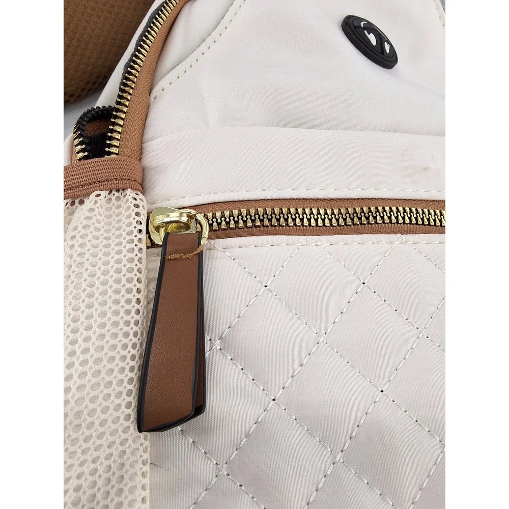 Cream Quilted Nylon‎ Sling Bag Unisex Crossbody Backpack Headphone Port